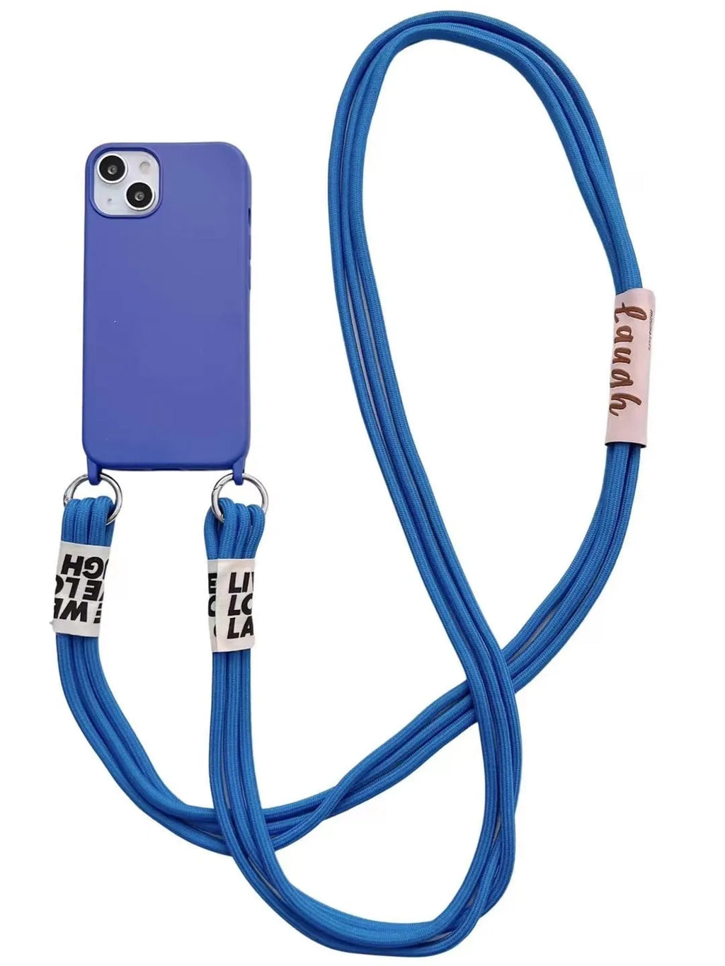 Diagonal lanyard soft TPU phone case for iPhone 13 in blue with grey neck strap on a white background