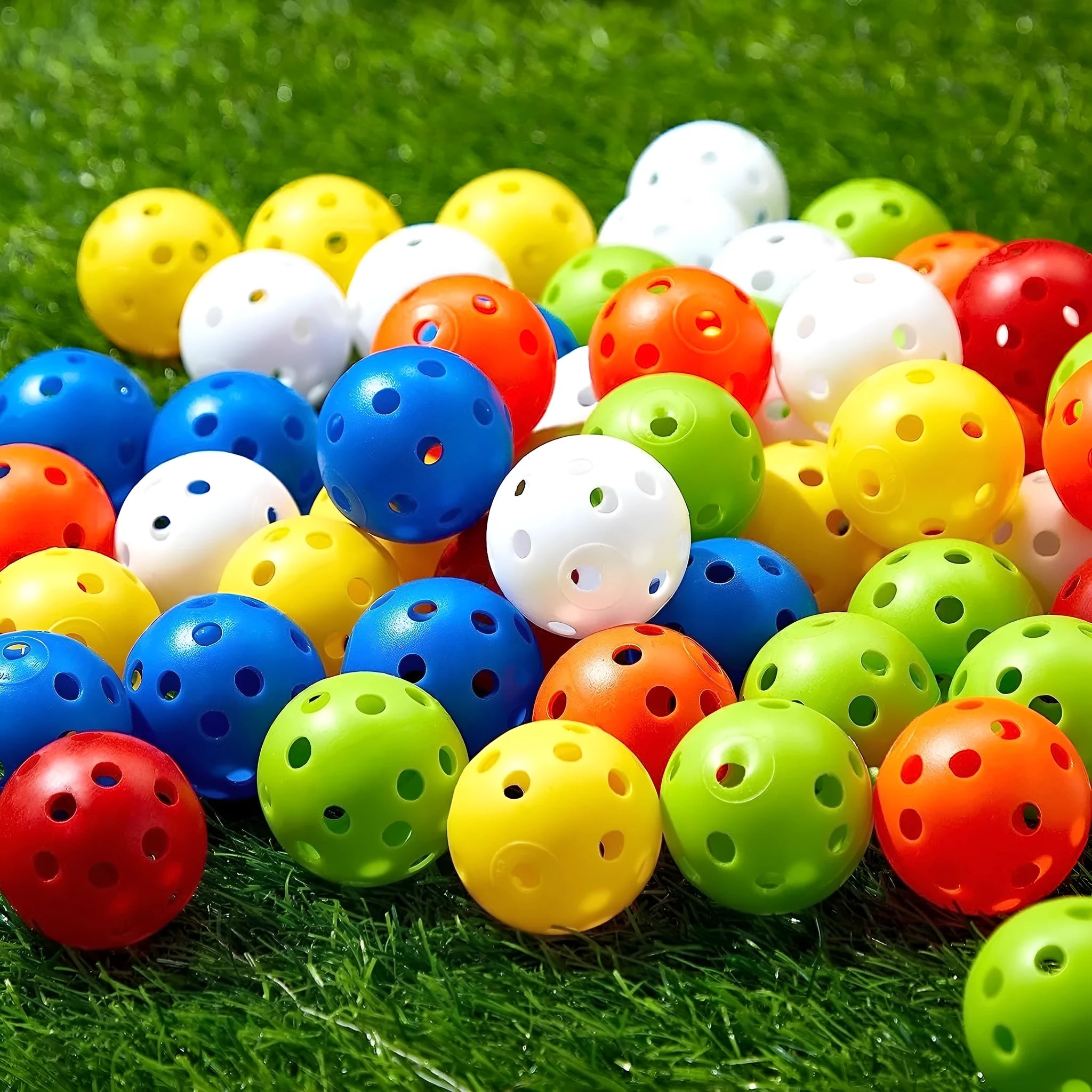 Assortment of red, orange, blue, green, white, and yellow 42mm golf practice balls in a net.