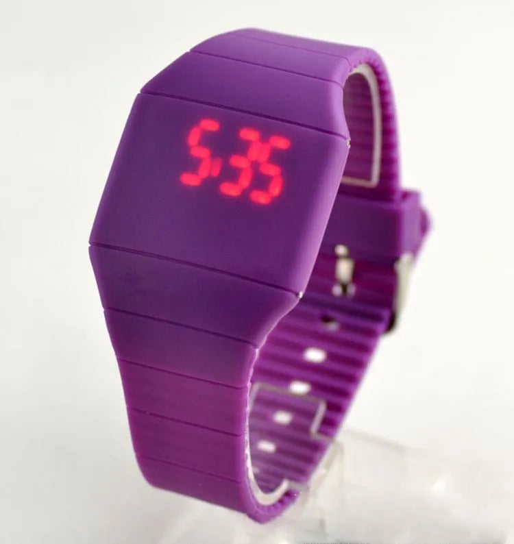 Square electronic watch with touch screen on wrist in multiple colour options