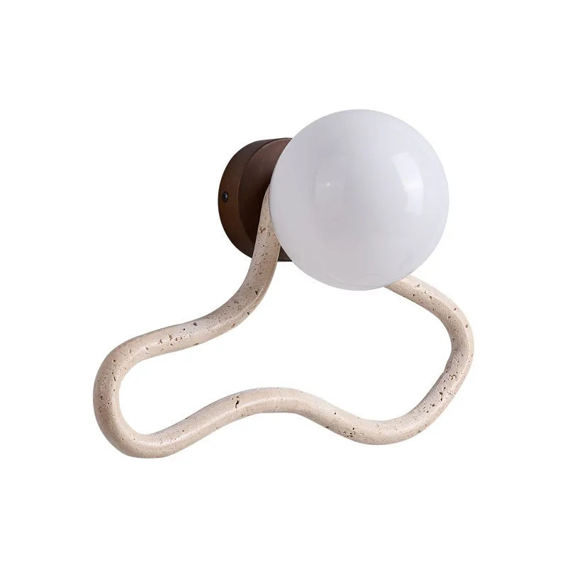 Cream coloured Middle Ancient style bedside wall lamp with travertine glass shade and wood base