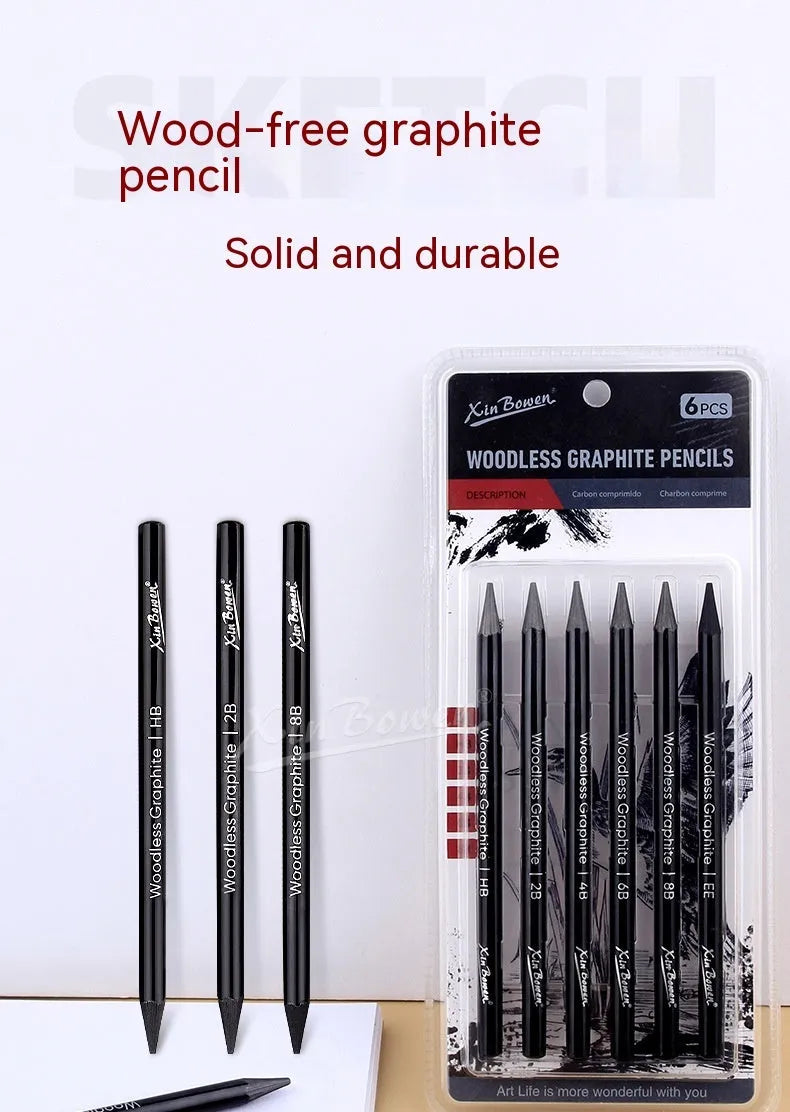 Set of six wood-free graphite sketching pencils in grades HB, 2B, 4B, 6B, 8B, and EE for art drawing.
