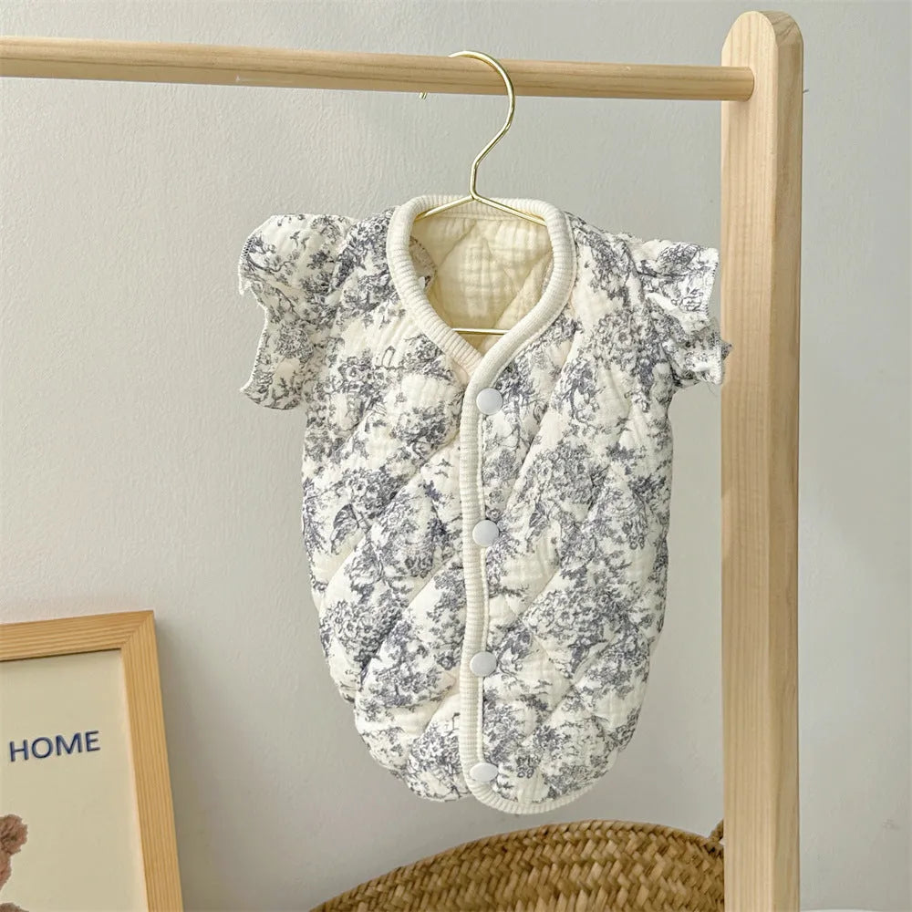 Cotton-padded pet clothes in Chinese ink style or lavender colour with vest or flounced sleeve designs