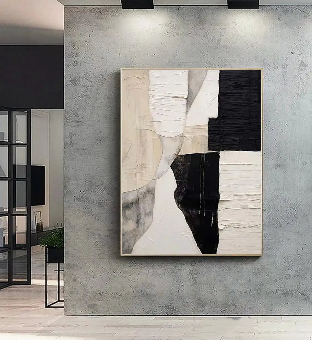 Handmade modern abstract black white textured oil painting on canvas, unstretched and frameless, vertical orientation