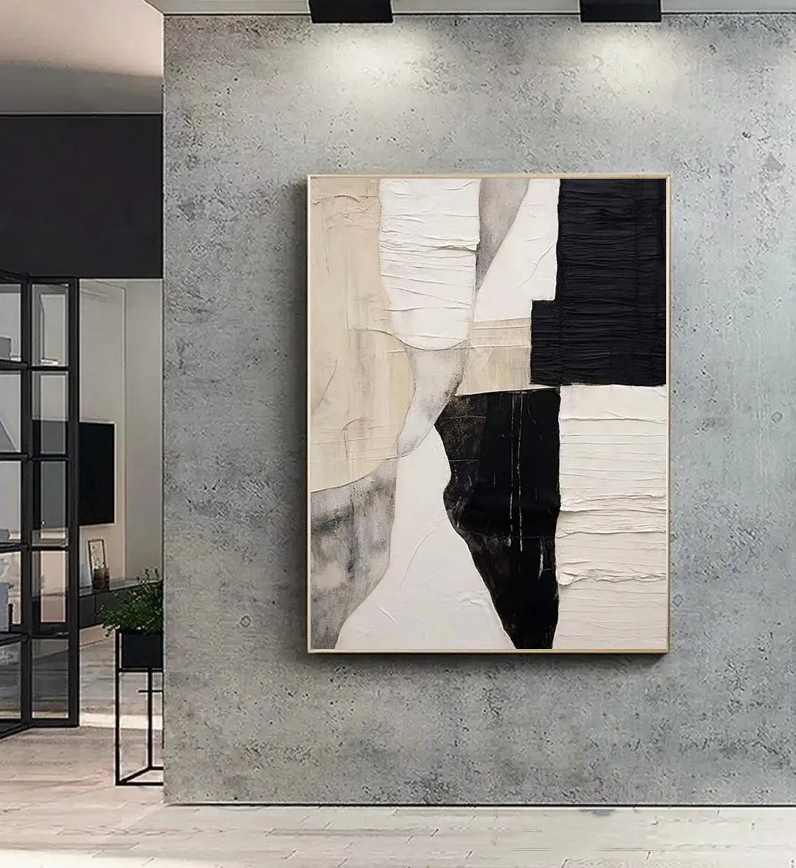 Handmade modern abstract black white textured oil painting on canvas, unstretched and frameless, vertical orientation