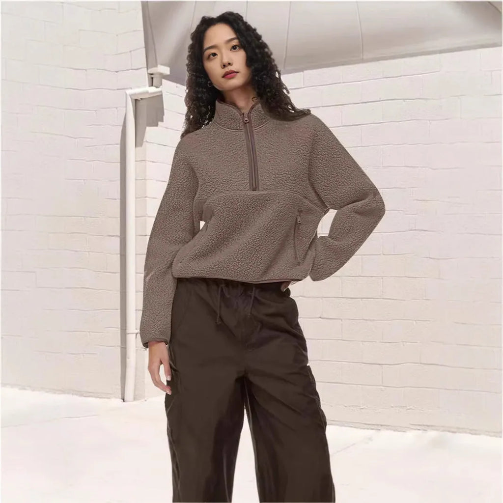 Casual women's half-zip loose sweatshirt in double-faced lamb wool, available in brick red