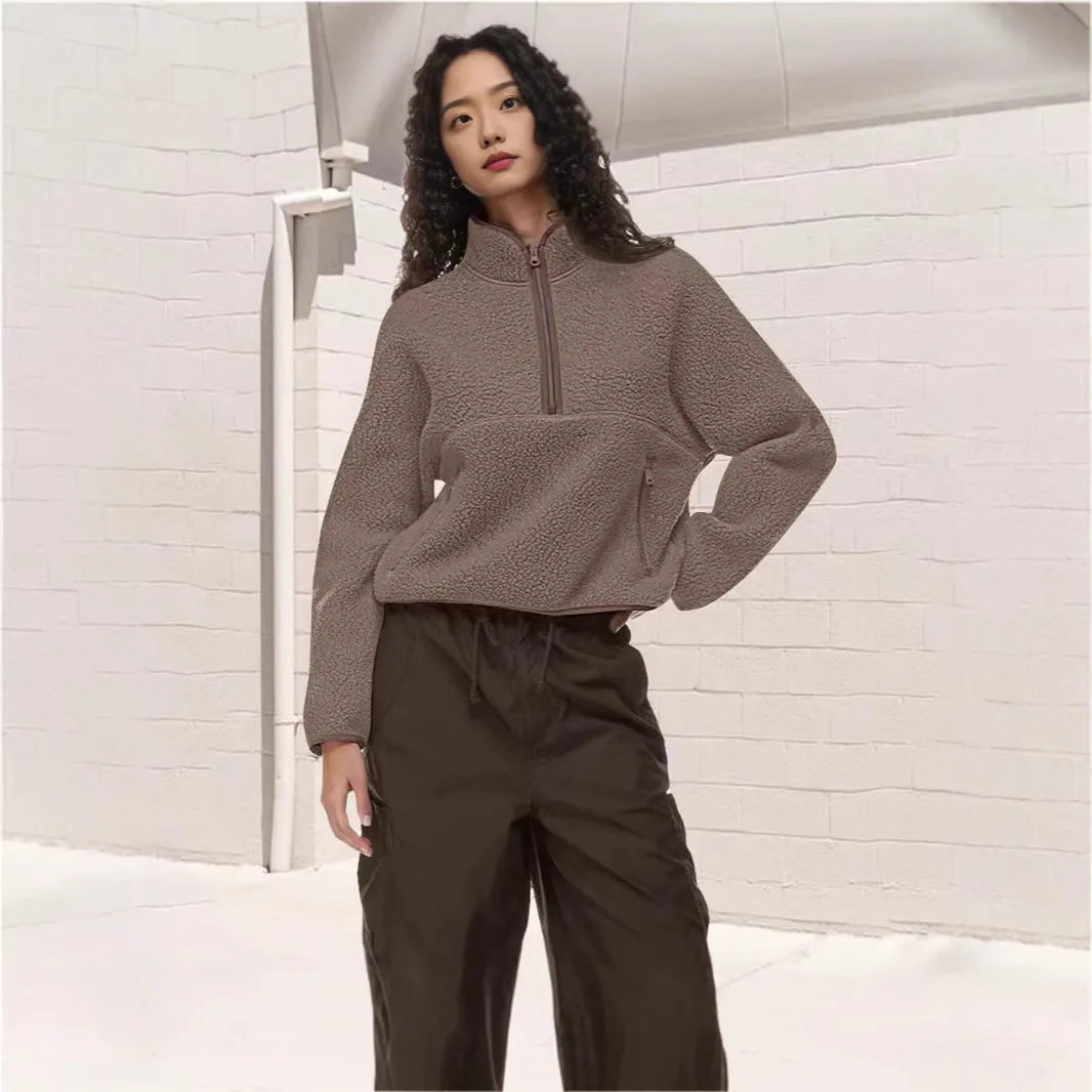 Casual women's half-zip loose sweatshirt in double-faced lamb wool, available in brick red