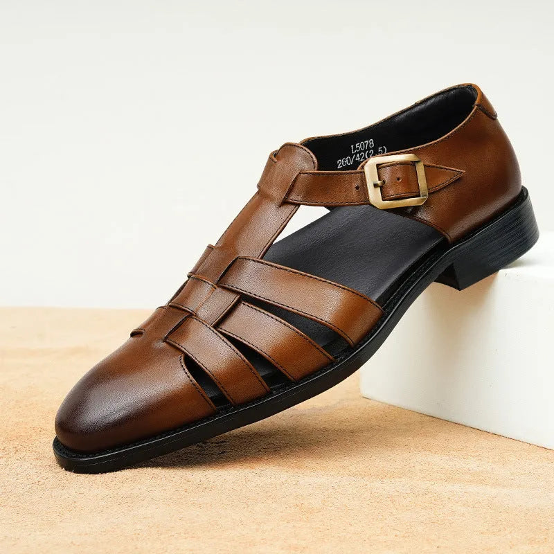 Men's genuine leather retro business sandals in black or brown with rubber sole