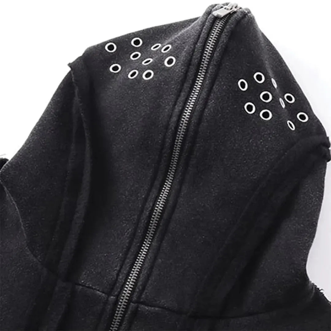 Man wearing a black loose-fit zip-up hooded cotton coat with an abstract pattern.