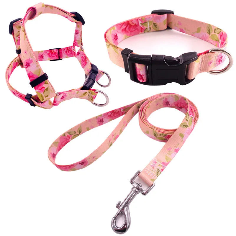 Printed polyester dog walking set with collar, adjustable chest strap and rope leash in multiple colour patterns