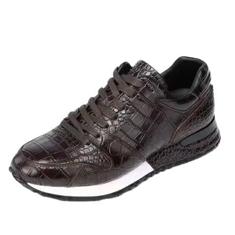 Crocodile pattern light luxury mid top elevated leather shoes with wedge heel in black