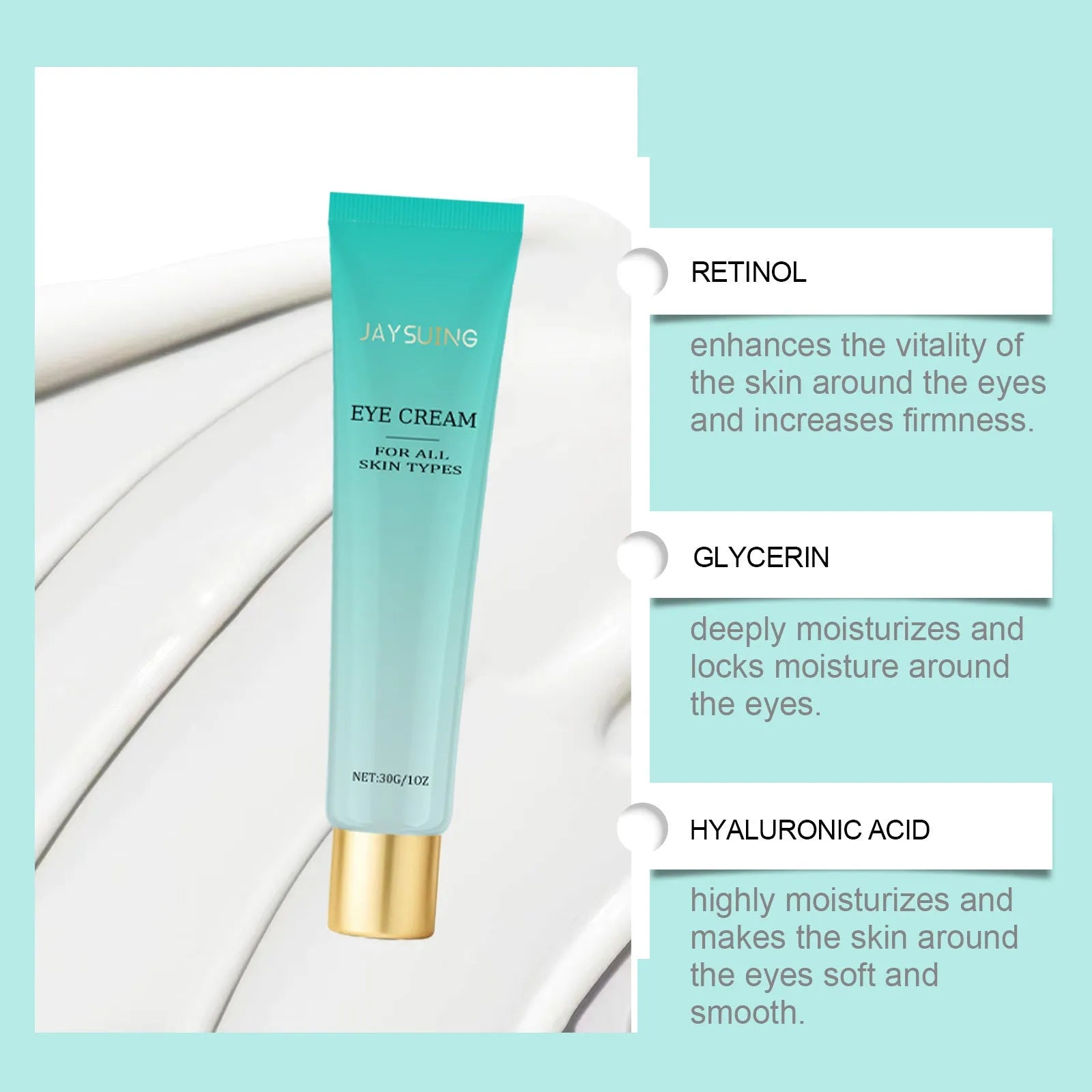 30g jar of retinol and hyaluronic acid anti-ageing eye cream for under-eye treatment.
