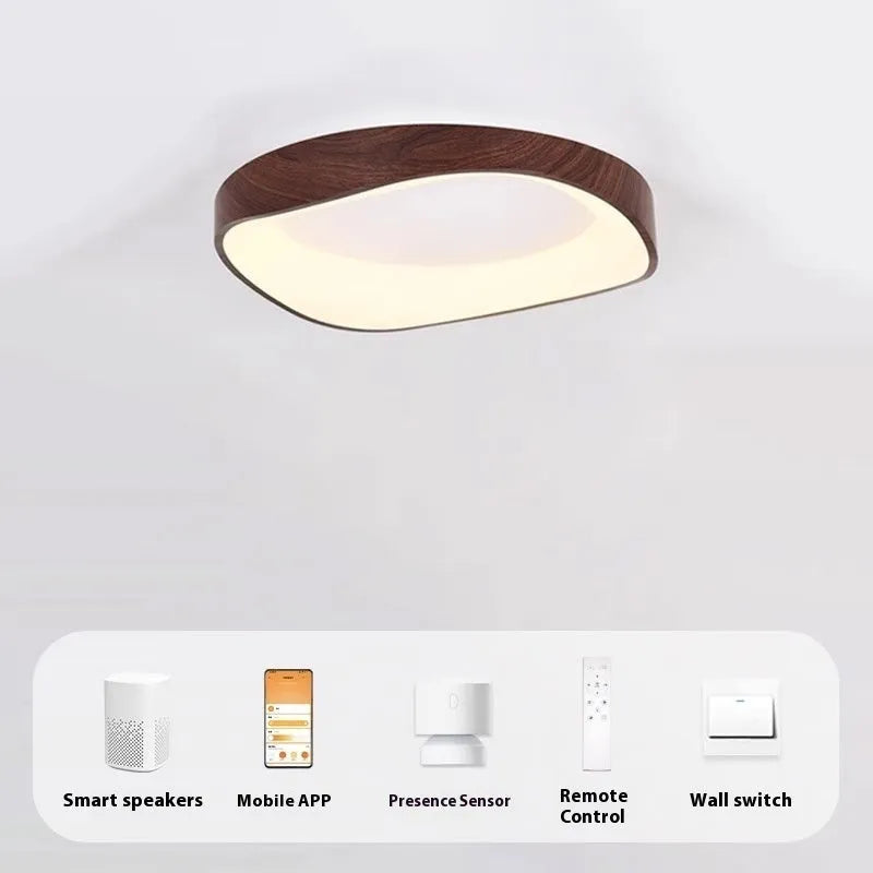 Mid-ancient full spectrum smart ceiling lamp with iron body and acrylic shade in walnut finish