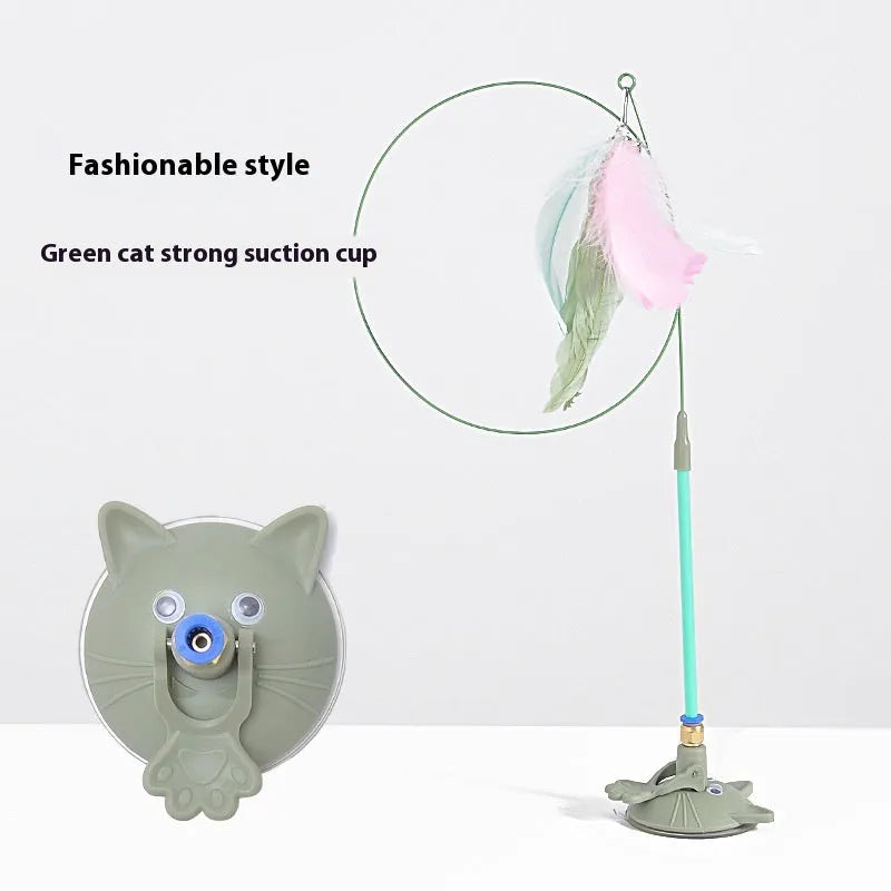 Cat teaser stick toy with suction cup base and colourful interchangeable head attachments