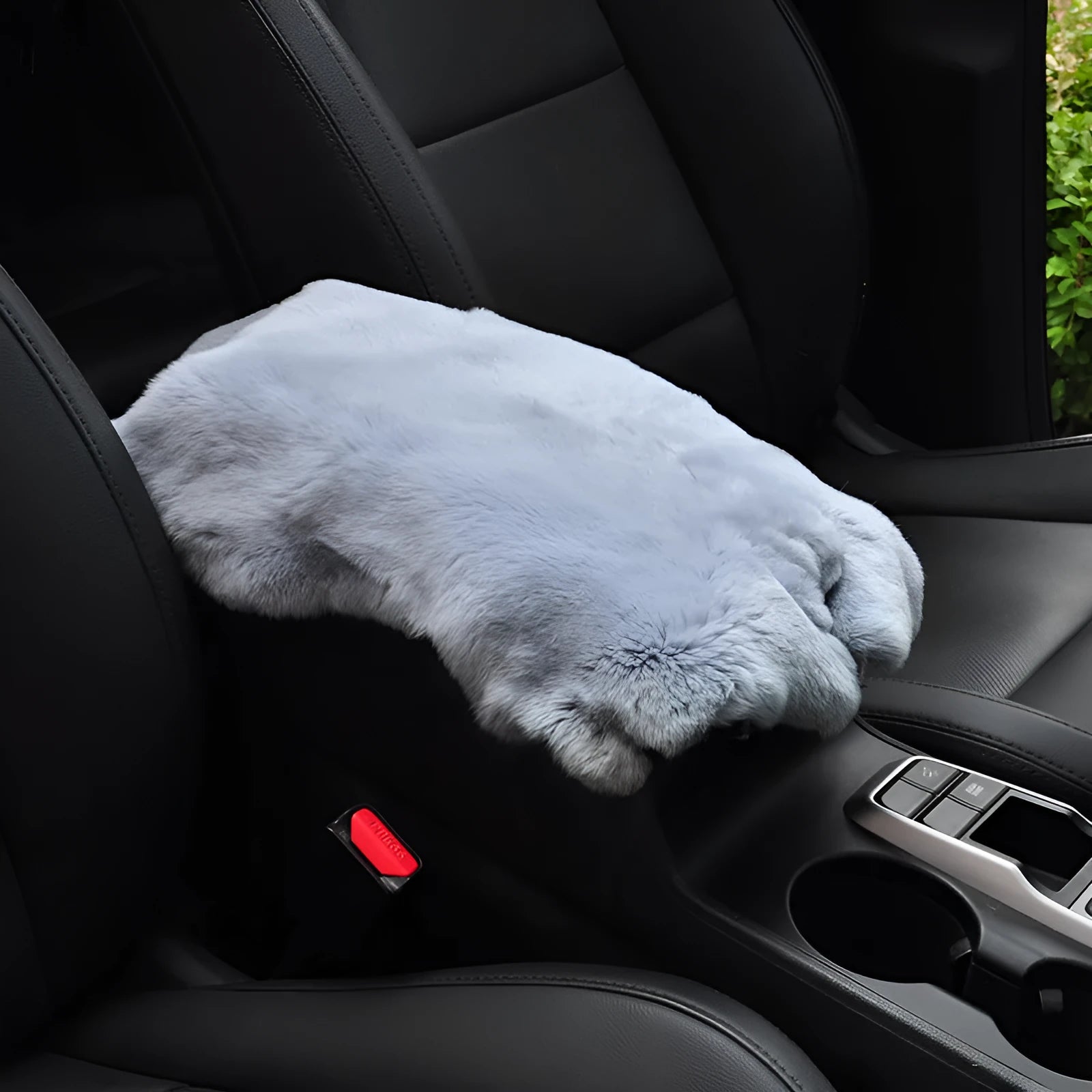 Rex rabbit fur car armrest cushion on center armrest box, beige colour, soft plush texture