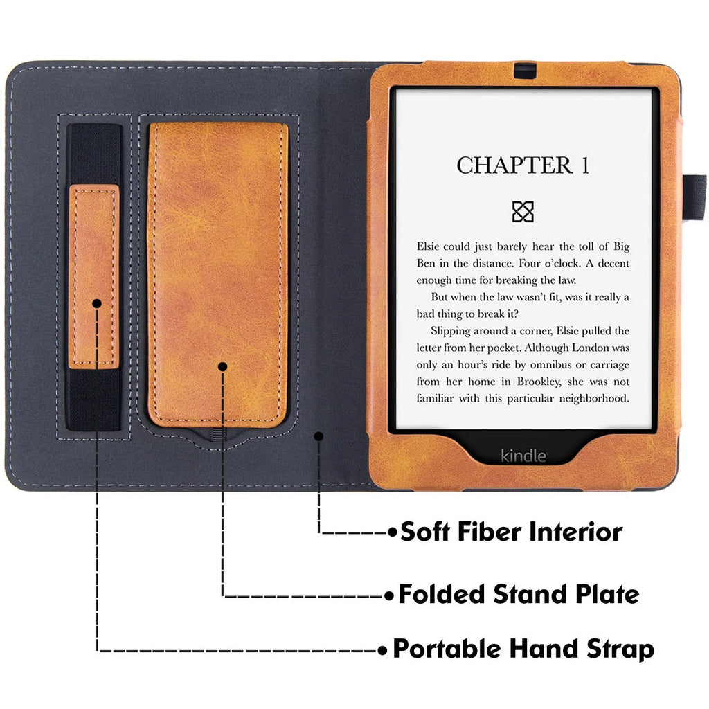 Calf leather Kindle Paperwhite11 case with wrist strap bracket and microfiber lining.