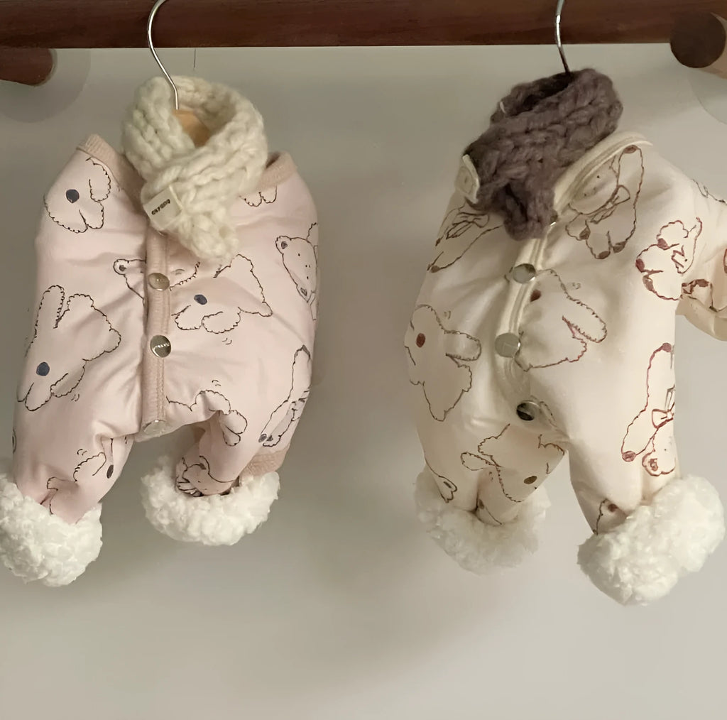 Cute bear print pet winter jumpsuit with knitted scarf on a small dog, padded onesie with fleece cuffs for cold weather