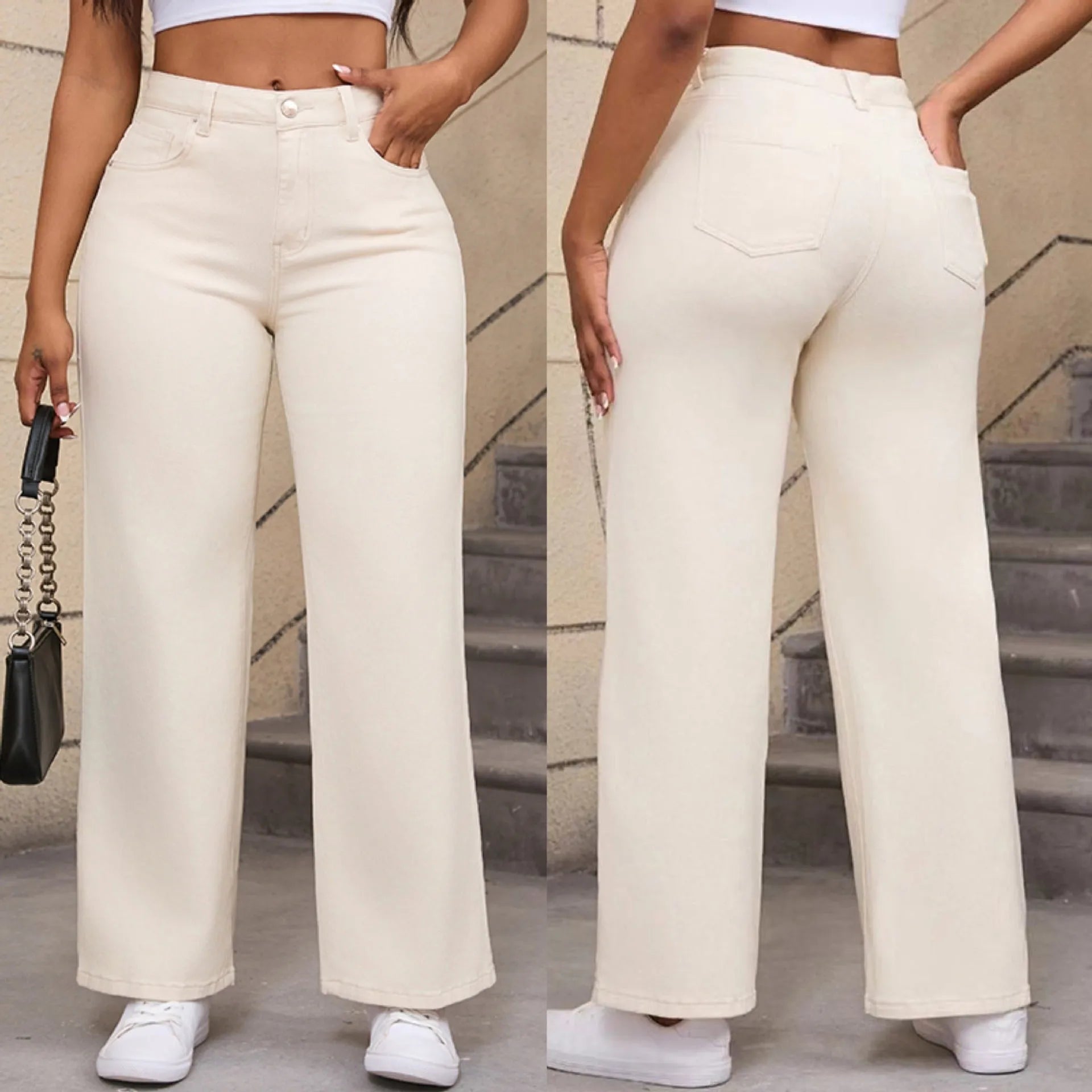 Women's high-waist straight leg jeans in apricot colour with a wide leg cut.
