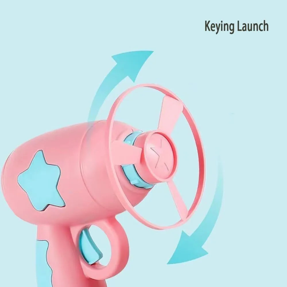 Blue interactive cat toy gun with a plastic frisbee, for indoor cat play.