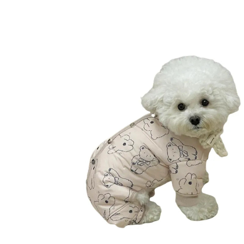 Cute bear print pet winter jumpsuit with knitted scarf on a small dog, padded onesie with fleece cuffs for cold weather
