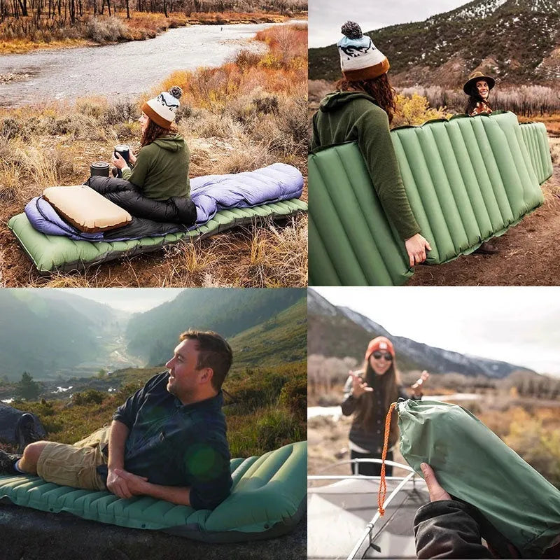 Portable inflatable camping mattress in grey colour options showing expanded size of 195cm length