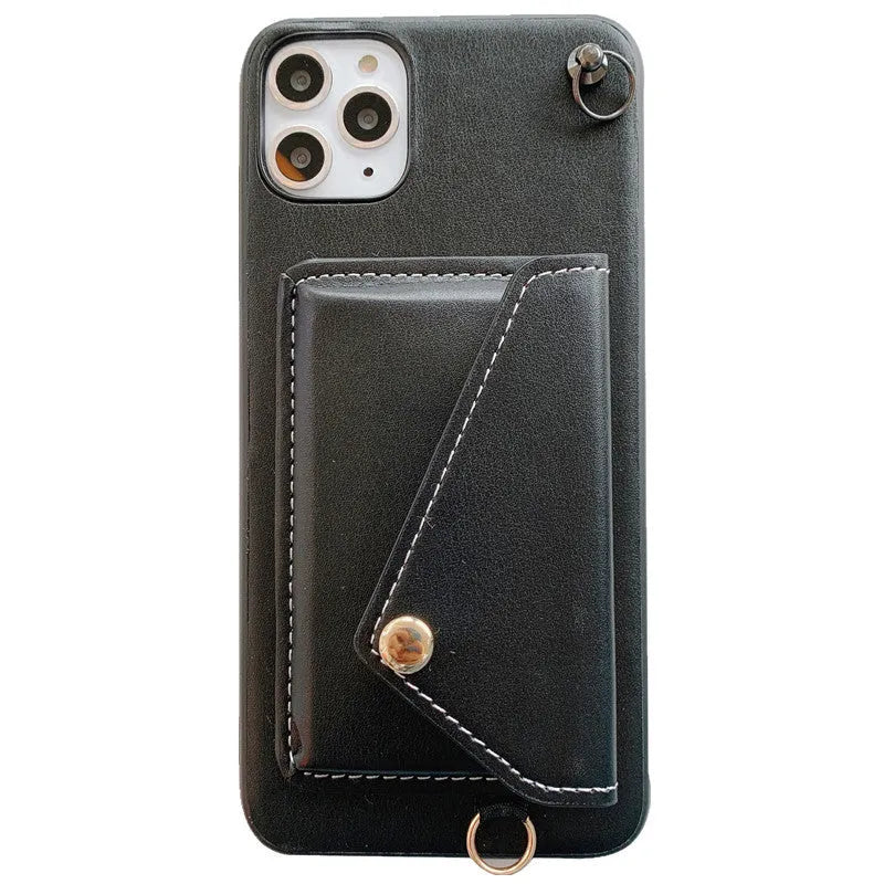 Leather phone case with card holder and crossbody rope for iPhone in khaki colour