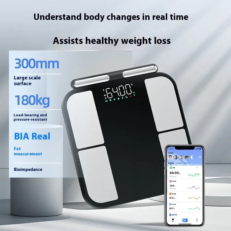 Black electronic body composition scale with tempered glass platform and colour screen display
