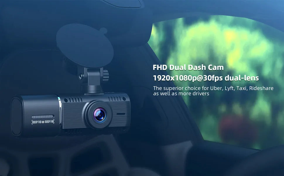 Black dual-channel car dash cam with 1.5-inch screen, front and rear cameras, mounted on a windscreen.