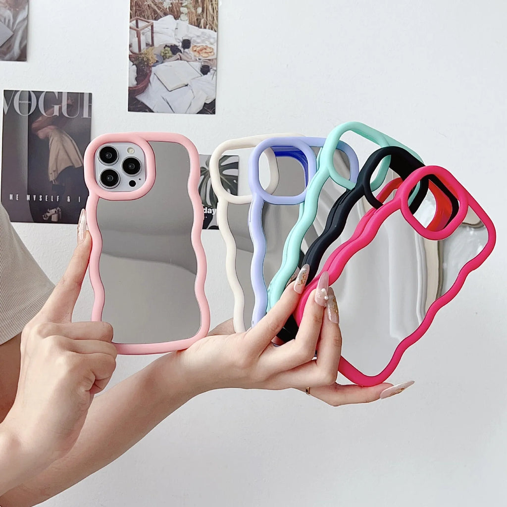 Silicone cloud wave phone case for iPhone 12 to 16 series, black with mirror finish