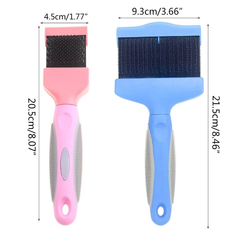 Double sided pet grooming brush with stainless steel pins on a blue handle