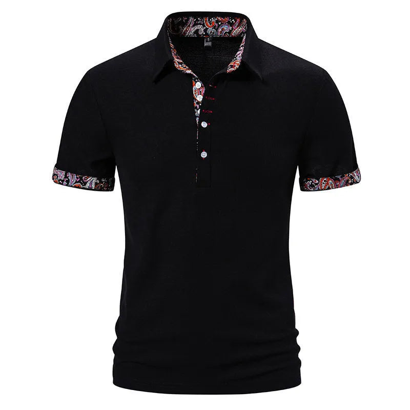 Men's white cotton blend polo shirt with turnover collar and colour stitching on short sleeves