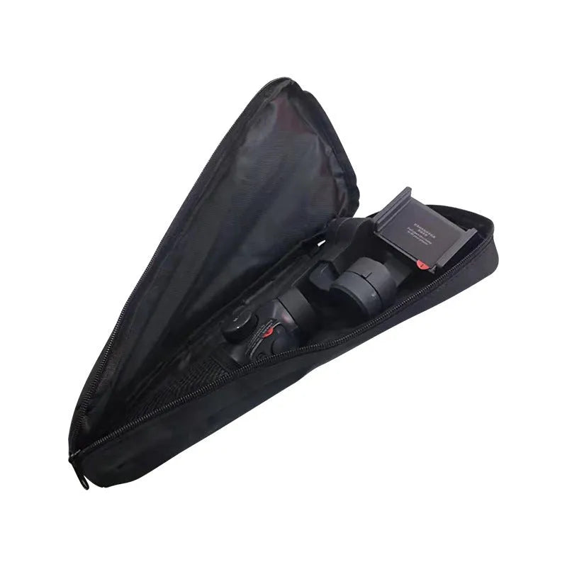Black water-resistant cloth storage bag for a mobile phone gimbal, shown open with mesh pockets inside.