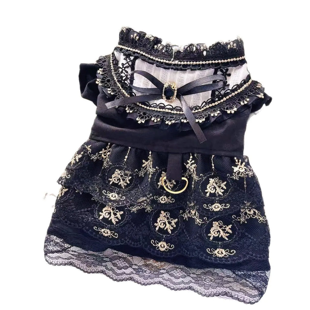Golden gothic-style skirt outfit on a small dog, showing princess cut and sizing for pets.