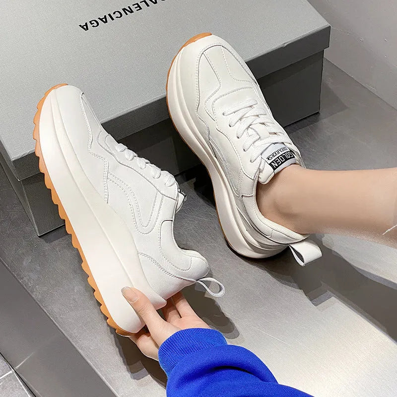 Beige women's cowhide leather casual shoes with low-top design and English muffin heel.