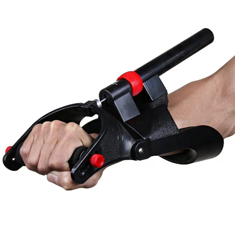 Adjustable hand grip exerciser trainer with spring steel variable resistance system for forearm strength training