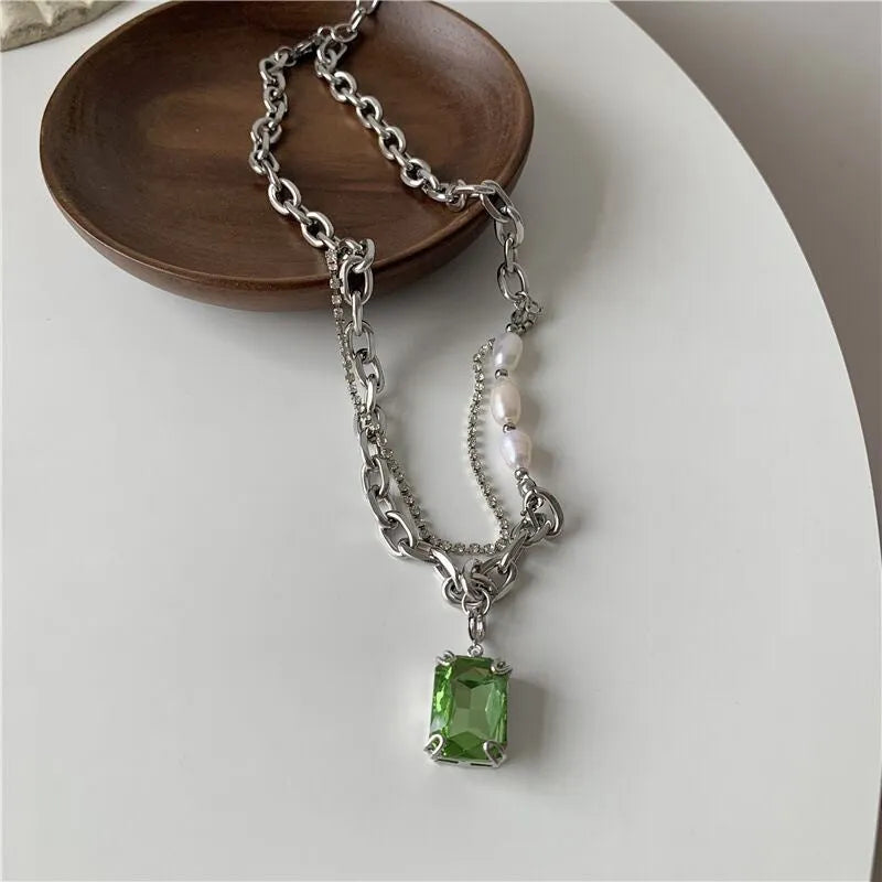 Green electroplated stainless steel multi-layer necklace with square brick geometry pendant and artificial crystal, adjustable 21-50cm chain