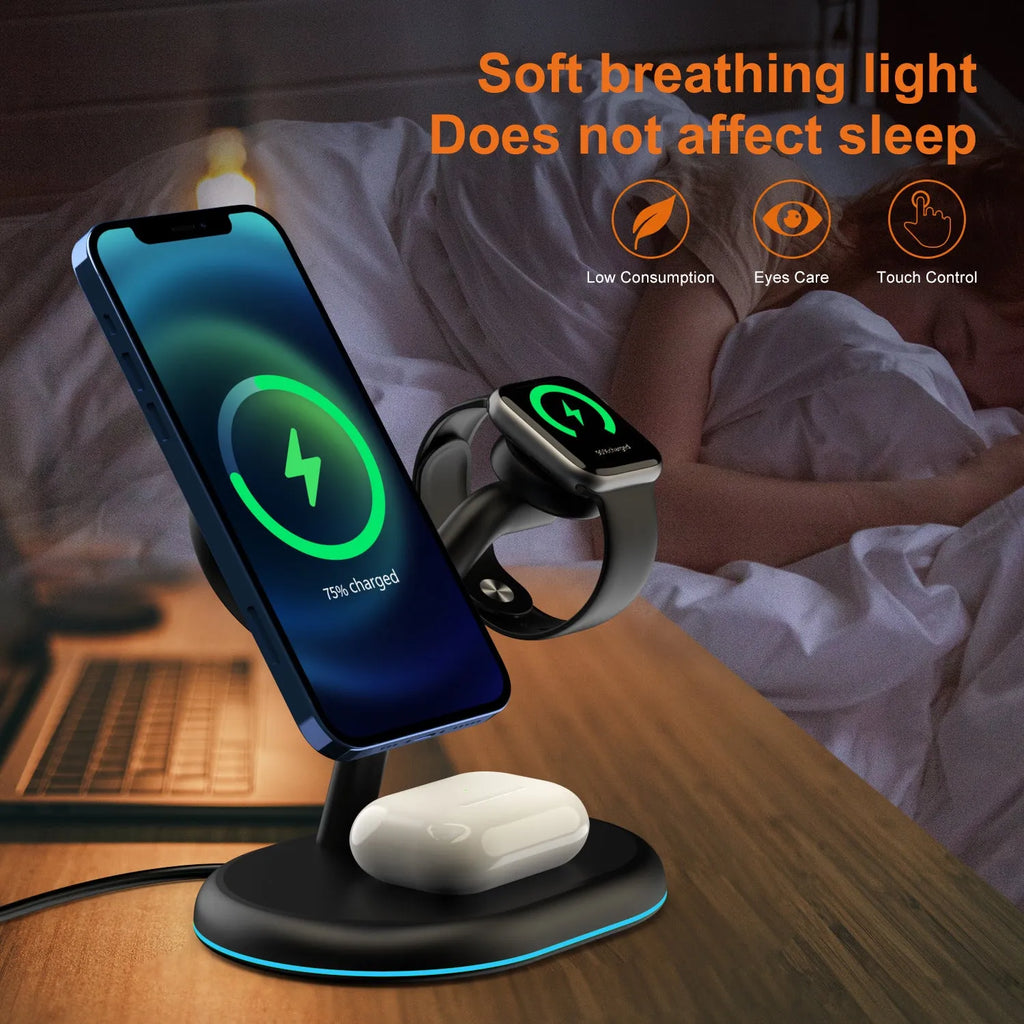 Black three-in-one magnetic wireless charging station for iPhone, Apple Watch, and AirPods on a wooden surface.