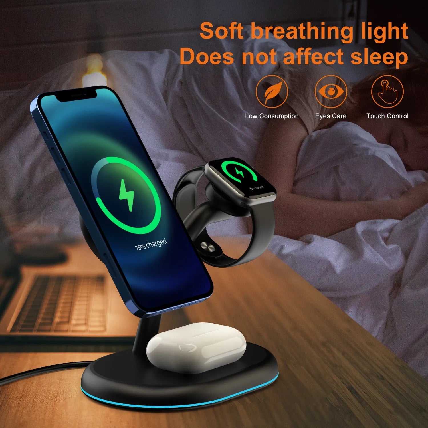 Black three-in-one magnetic wireless charging station for iPhone, Apple Watch, and AirPods on a wooden surface.