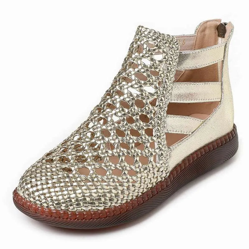 Gold and white women's flat sandals with hollow-out design and soft TPR soles