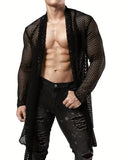 Black mens polyester cardigan with mesh see-through knit pattern and long sleeves