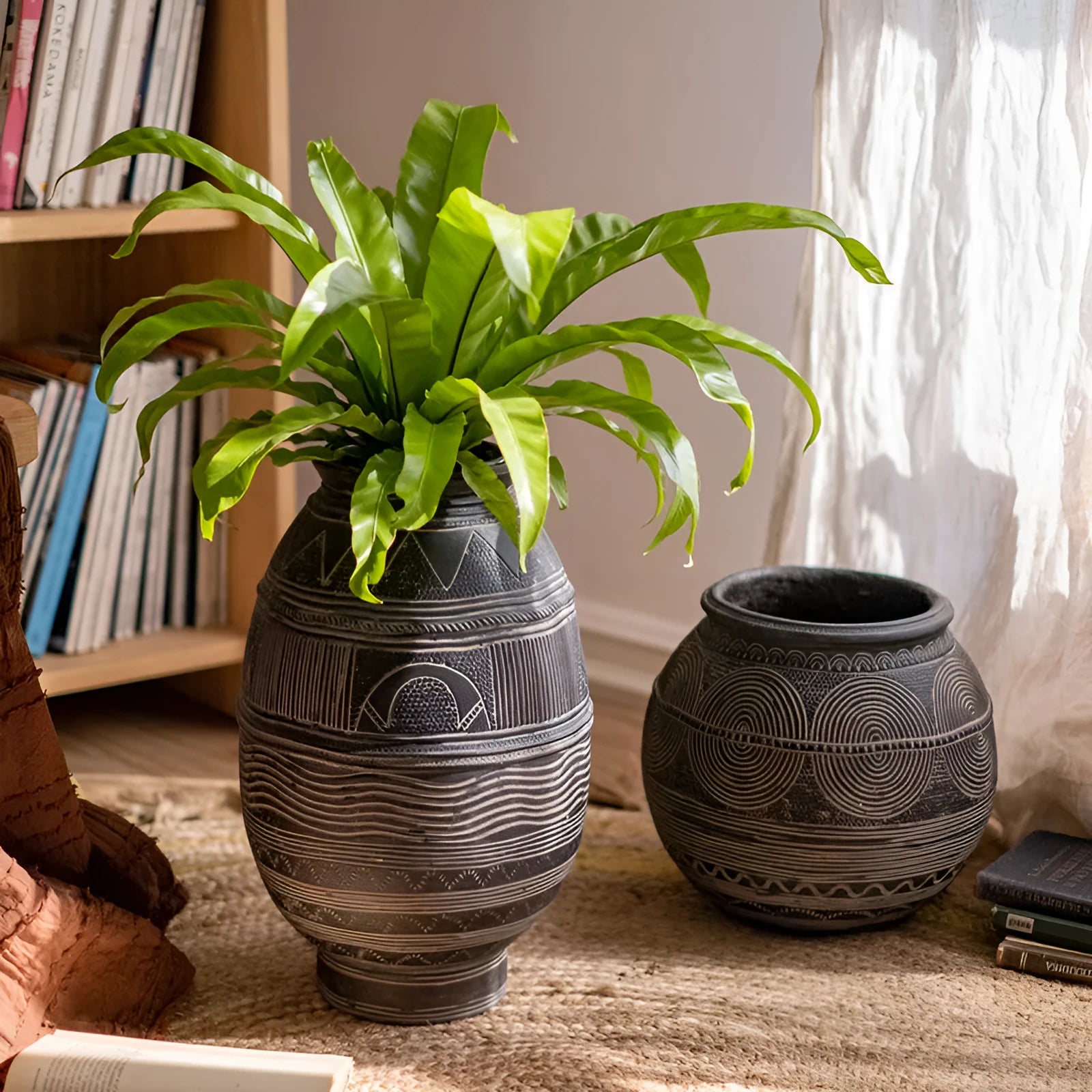 Medium cement flower pot with African ancient pot design and bottom drainage holes