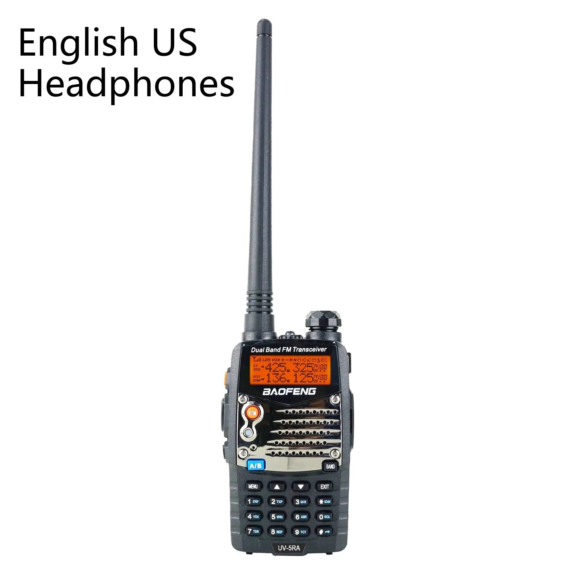 Baofeng UV-5RA dual-band two-way radio with dual display, shown without battery.