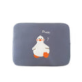 Blue cotton tablet case with embroidered cartoon duck design, showing zipper closure and protective frame.