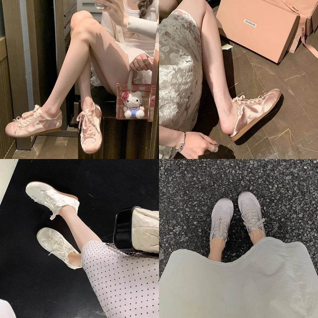 Women's silver grey satin ballet style sports board shoes with round toe and front lace-up design