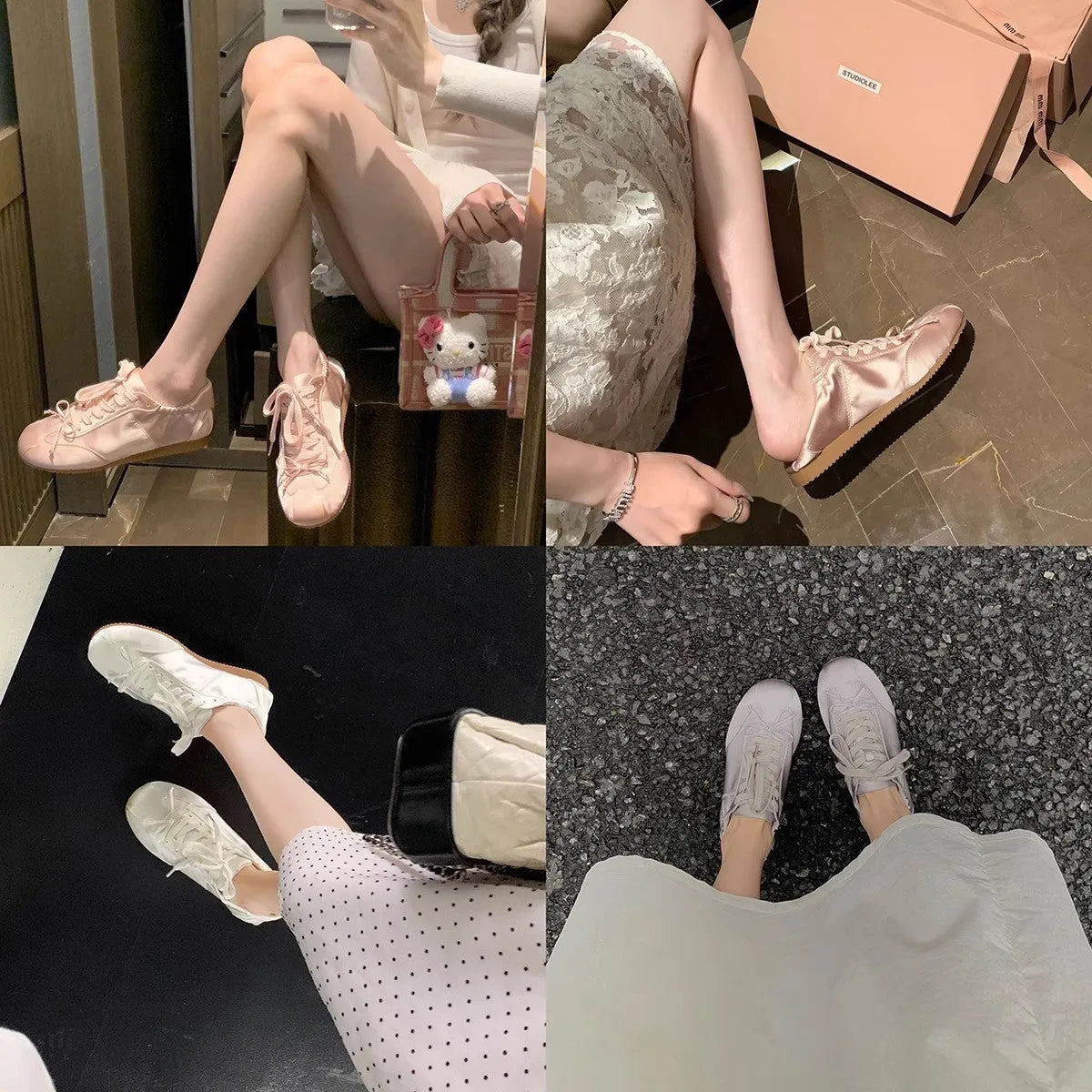 Women's silver grey satin ballet style sports board shoes with round toe and front lace-up design