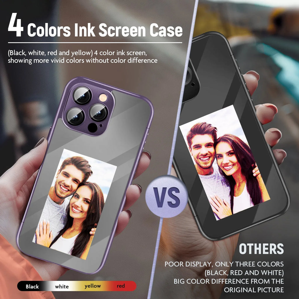 iPhone 15 Pro flip phone case with NFC ink screen in black and purple colour options