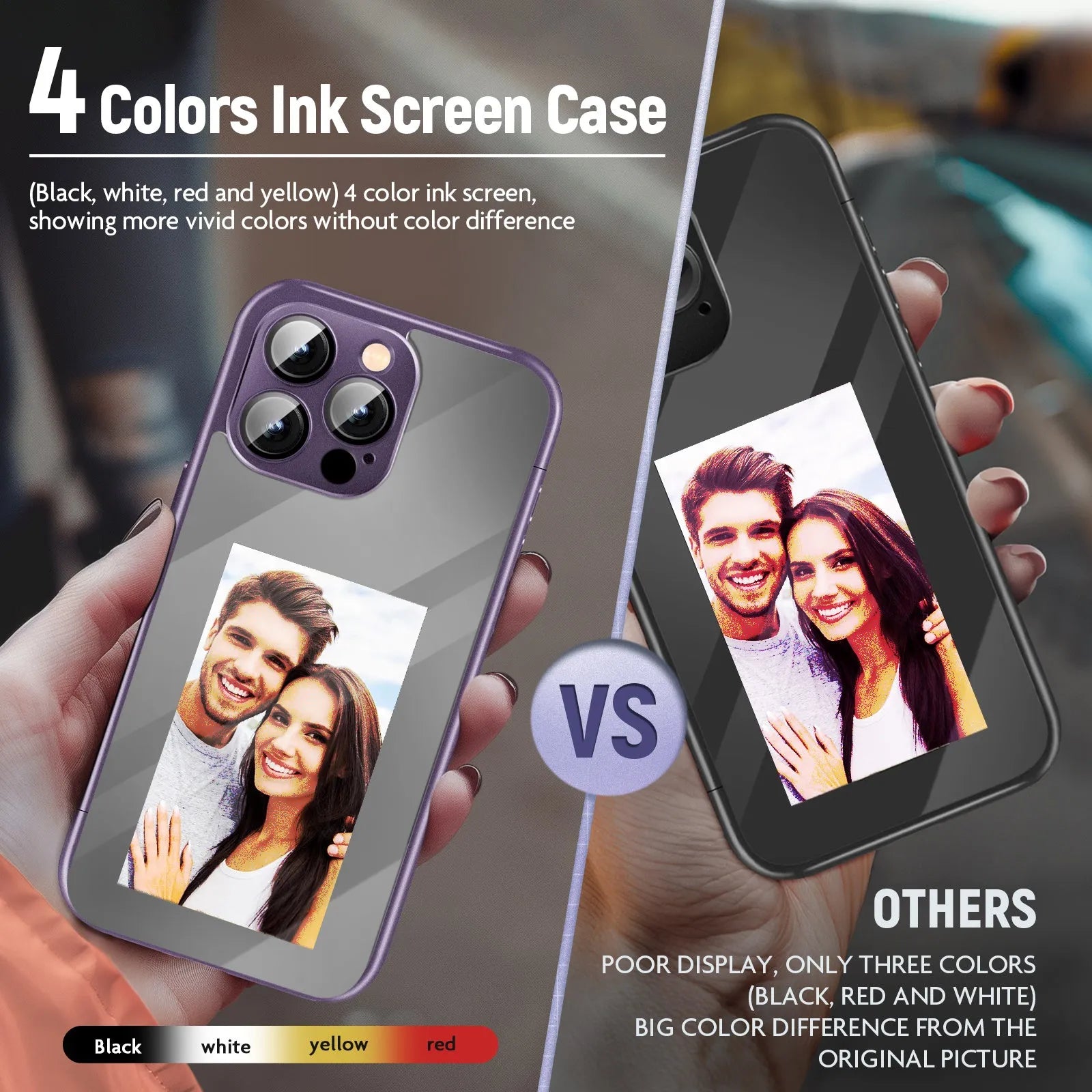 iPhone 15 Pro flip phone case with NFC ink screen in black and purple colour options