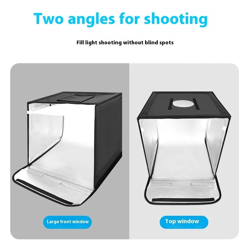 50cm studio small light box with metal frame and reflective cloth, showing folded LED light board and USB plug