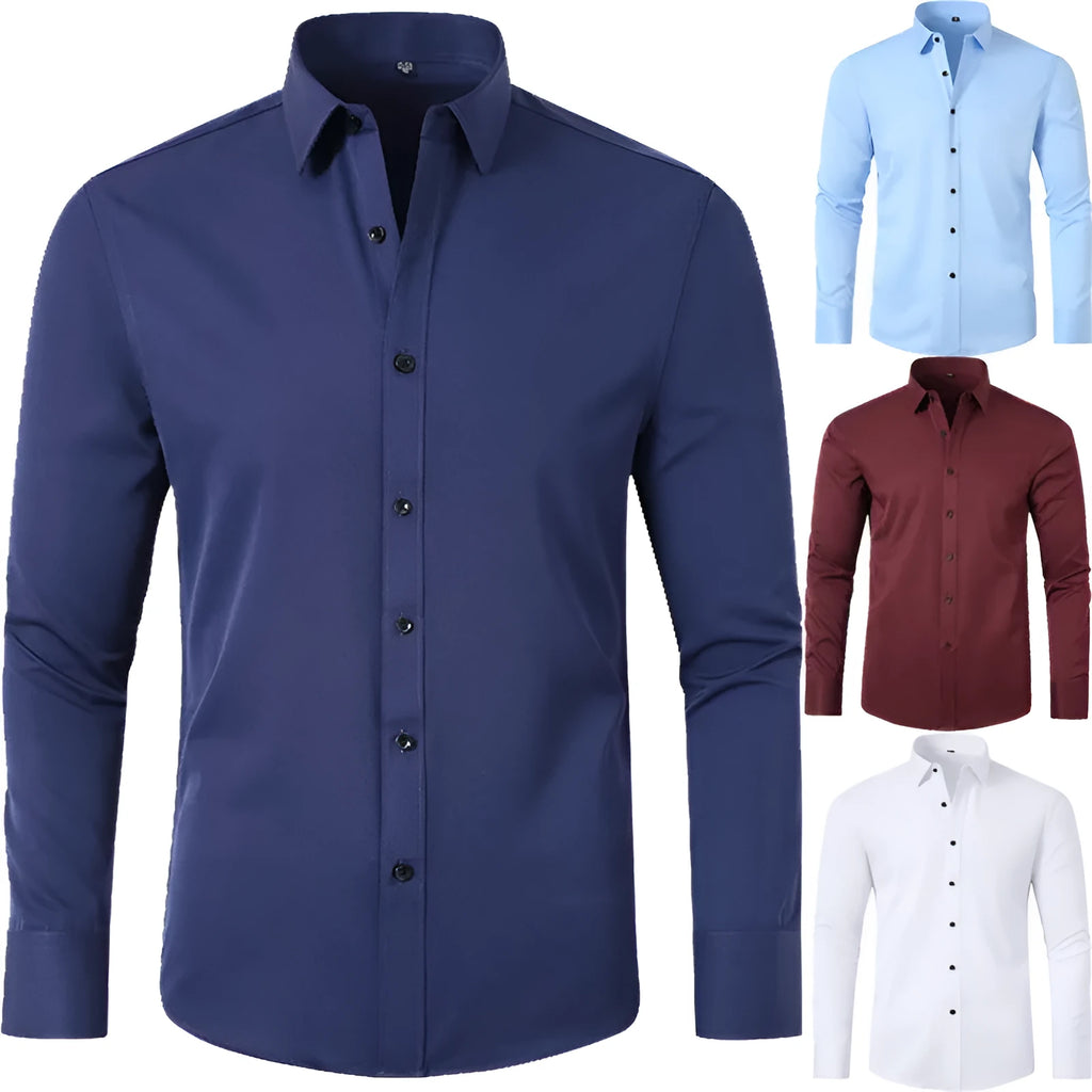 Korean slim-fit solid colour men's shirt, long sleeve, non-iron polyester blend, available in multiple colours