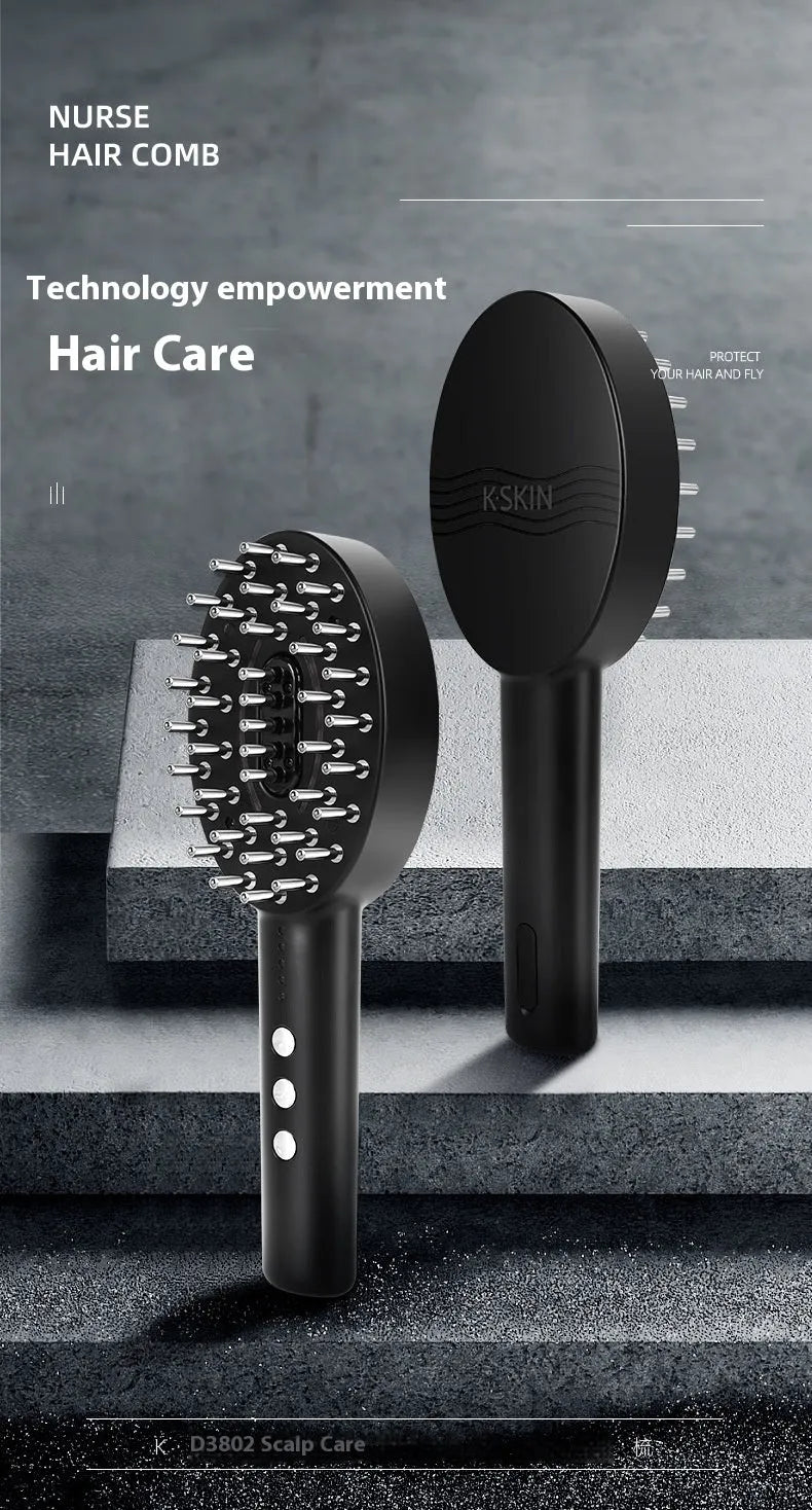 Black scalp medicine supplying and massage device with charging cable on a white background