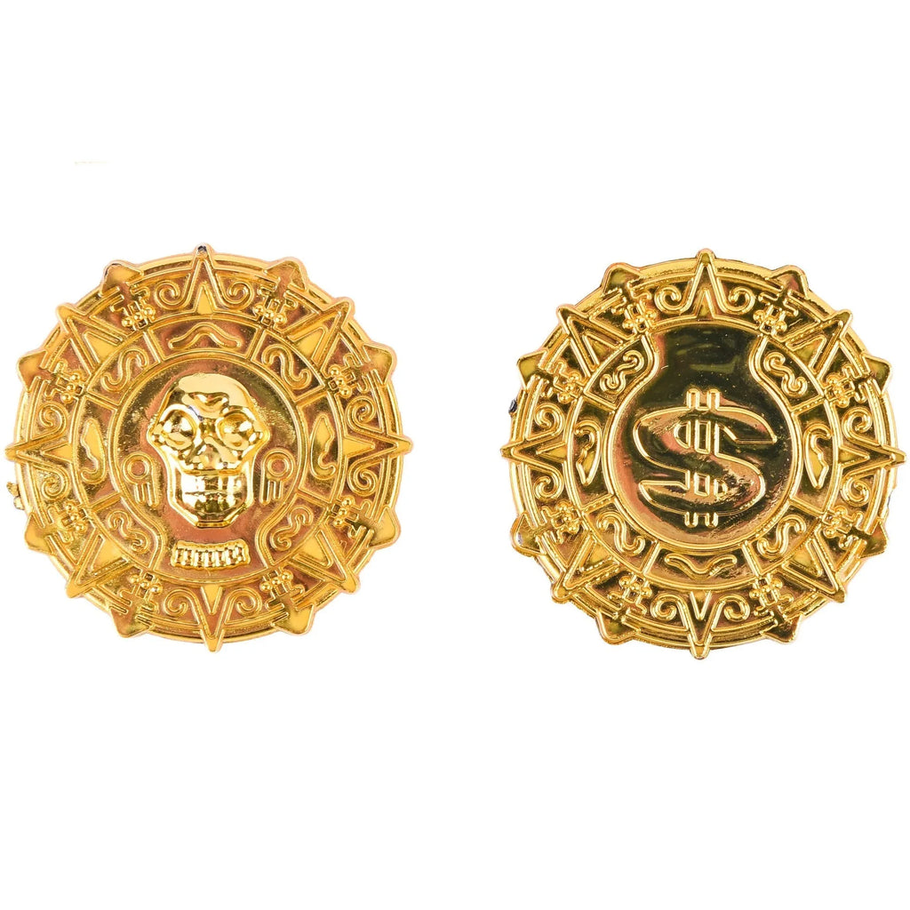 Plastic pirate gold coin toy with detailed design for Halloween dress-up costumes and pirate accessories